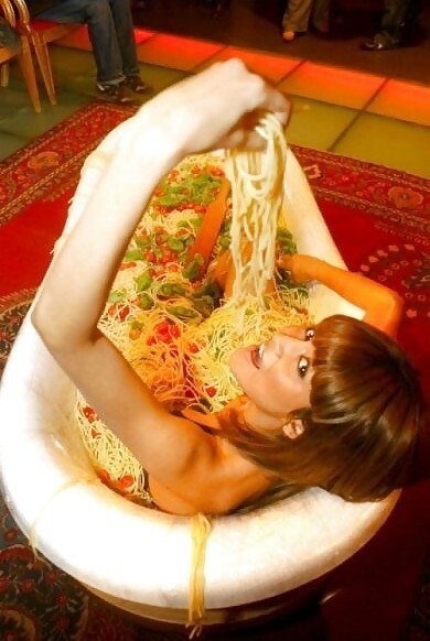 inside the bathtub full of noodles