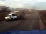 Car Overtaking A Truck Slams Head On Into A Van