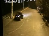 Car slams into pole at high speed and starts to burn...