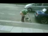 Disgusting Grandma shits on the road while holding tight to her wheeled walker