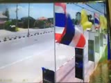 Careless pedestrian is bowled by an oncoming car.