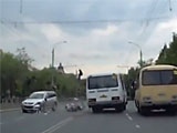 Bus Knocks Biker Into Car Sending Passenger Airborne