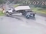 Out of control pick-up truck crashes into a scooter rider.