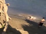 Large Girl Attempts A Rope Swing