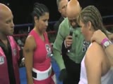 Woman Boxer taking punches with Hands Down.