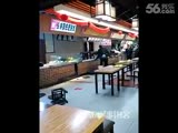 Angry men smash fast food and is beaten by the waiters and cooks