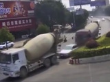 Car Gets Pulverized Between Two Cement Trucks Killing Both Occupants