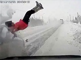 Woman Driver Loses Control On An Icy Road Then Gets Out To Check The Damage