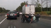 Biker And Pillion Smash Into The Back Of A Car Sideways When Traffic Queues Up