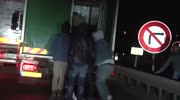 migrants jump into truck with a polar bear