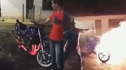 Dumb Owner Showing Off Sets His Super Bike On Fire - Tries To Extinguish It With Beer