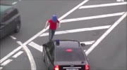 idiot runs over a cop car