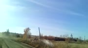 Drunk ukranian soldier driving BMP-2 crashed on pylon