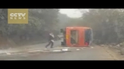 Man thrown out from overturned bus survives