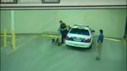 woman in cop car with hands and legs cuffed
