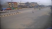 Idiot runs across the empty road and gets hit by bike
