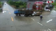 Pedestrian Narrowly Escapes Truck Collision