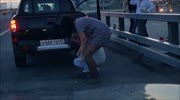 Drunk shameless girl decided to pee on the road