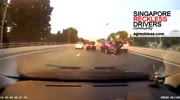 Motorcycle Crashes into a stopped car and the bike lands on top of him.