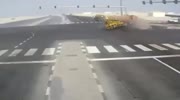 Car demolished by truck and fire starts