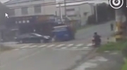 Truck Hits A Car And Is Redirected Into An Unlucky Bikers Path