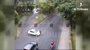 Biker flies over the car and lands hard