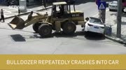 Footage Bulldozer repeatedly crashes into car