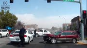 Criminal fleeing police crashes into several cars during pursuit. (2 angles)