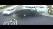 Incredibly lucky man narrowly misses SUV and minibus crash