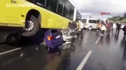 Bus drives over cars after attack by a passenger