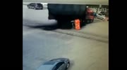 Tricycle gets Crushed and Buried by Gravel Truck