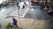 Girl on a sidewalk is hit by a car