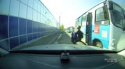 Girl hanging on a phone falls out of the bus