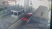 Bus driver is in a hurry at toll booth