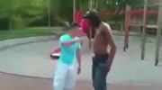 Huge black gets easily knocked by a smaller dude