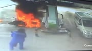 MOTORCYCLE EXPLODES IN FLAMES AT THE GAS STATION