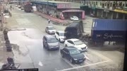 Lost control truck crushes cars.