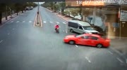 Old thai woman on a scooter hits a taxi and dies