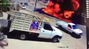 Gasoline Container Accident spills on full highway and burns in flames,