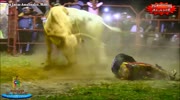 Bullfighter gets hurt in a slow mo