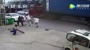 Truck pulls the man with metal ladder