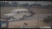 Exact moment of motorcycle crash against car and makes women fly through the air