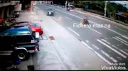 ACCIDENT man runs down the street and is run over by a motorcyclist