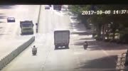 At least he avoids being crushed by a truck