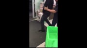 A drunk man pisses on food products in a store