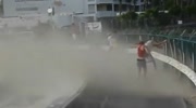 Girl face plants to concrete barrier for standing too close to a jetengine (repost)