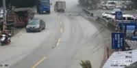 Truck overloaded with pigs rollover crushing parked cars