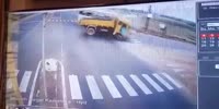Speeding bus plows into the truck destroying itself .