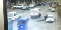 Driver opens the door causing rider falling under the tractor cart