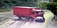 Truck Bowls Through Car and Helpless Biker